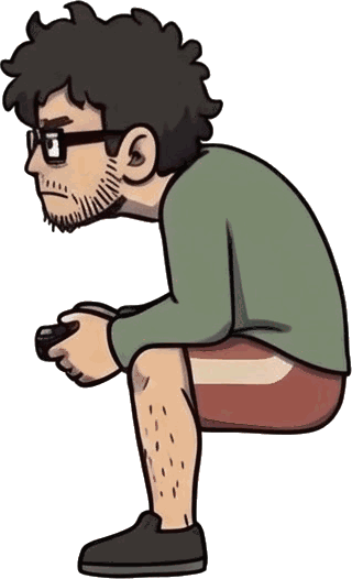 Lame Guy, slouched, holding a controller instead of working
