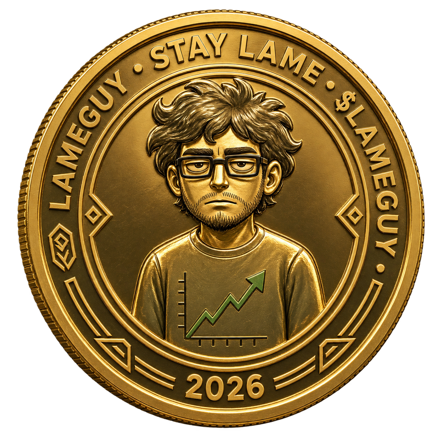 The $LAMEGUY coin: Lame Guy on a green and gold token